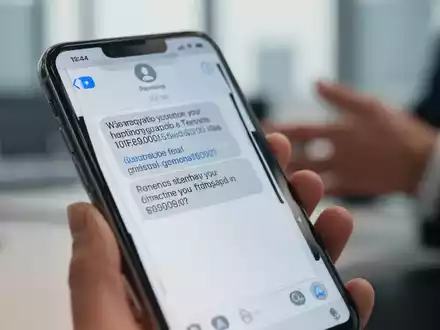 Nahaufnahme eines Smartphones, das eine betrügerische SMS-Nachricht anzeigt, mit einer unscharfen Person im Hintergrund, die das Telefon hält. - Foto: über boerse-global.de