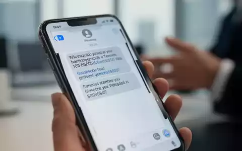 Nahaufnahme eines Smartphones, das eine betrügerische SMS-Nachricht anzeigt, mit einer unscharfen Person im Hintergrund, die das Telefon hält. - Foto: über boerse-global.de