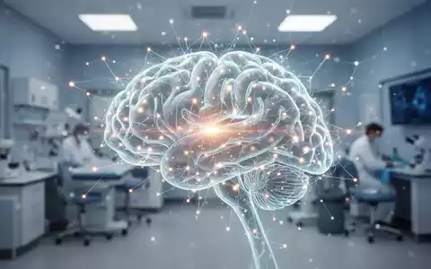 Leuchtendes, vernetztes digitales Gehirnnetzwerk vor unscharfer Klinik-Kulisse, Symbol fĂŒr Daten zur DemenzprĂ€vention. - Foto: ĂŒber boerse-global.de