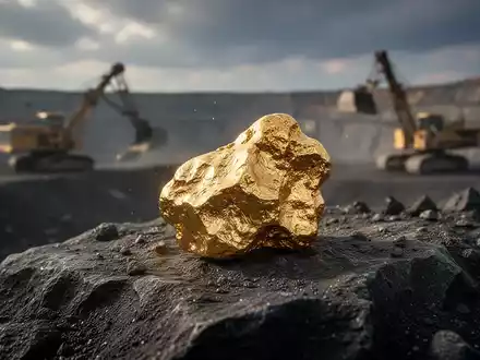 Ein glänzender Goldnugget auf dunklem Felsen, im Hintergrund verschwommene Bergbauausrüstung und eine offene Mine. - Foto: über boerse-global.de