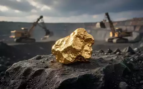 Ein glänzender Goldnugget auf dunklem Felsen, im Hintergrund verschwommene Bergbauausrüstung und eine offene Mine. - Foto: über boerse-global.de