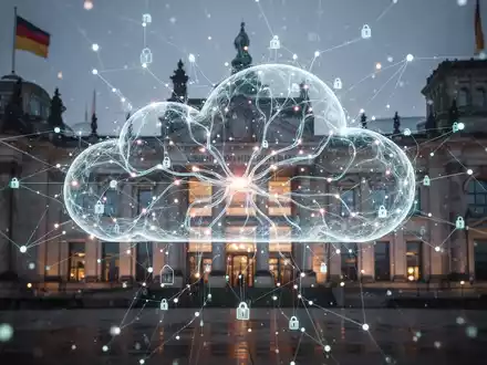 Leuchtende, abstrakte Darstellung eines sicheren privaten Cloud-Netzwerks mit verbundenen Datenpunkten vor moderner deutscher Architektur. - Foto: über boerse-global.de