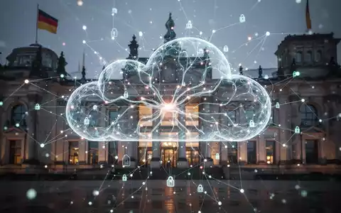 Leuchtende, abstrakte Darstellung eines sicheren privaten Cloud-Netzwerks mit verbundenen Datenpunkten vor moderner deutscher Architektur. - Foto: über boerse-global.de