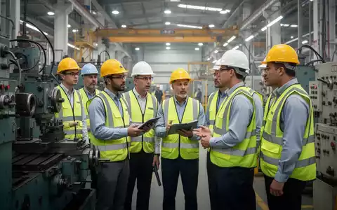 Sicherheitsinspektoren und Fabrikarbeiter in Schutzkleidung begehen eine moderne Industrieanlage und besprechen Sicherheitsmaßnahmen. - Foto: über boerse-global.de