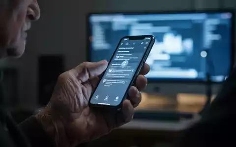 Nahaufnahme einer älteren Hand, die ein Smartphone hält, mit unscharfem Hintergrund eines dunklen Raums und Computerbildschirms. - Foto: über boerse-global.de