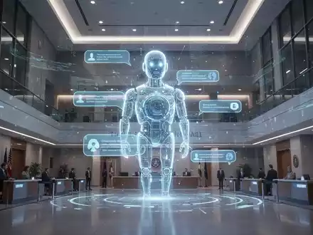 Leuchtende, futuristische KI-Chatbot-Oberfläche an der Wand eines modernen Rathauses, Symbol für digitale öffentliche Dienstleistungen. - Foto: über boerse-global.de