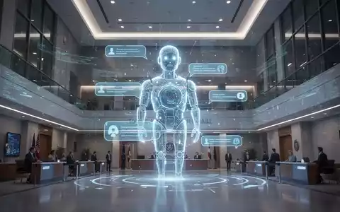 Leuchtende, futuristische KI-Chatbot-Oberfläche an der Wand eines modernen Rathauses, Symbol für digitale öffentliche Dienstleistungen. - Foto: über boerse-global.de