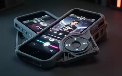 iPhone in einem retro-futuristischen 3D-gedruckten Gehäuse, das an einen iPod erinnert, mit leuchtendem Bildschirm, der eine Musikoberfläche und ein Klickrad zeigt. - Foto: über boerse-global.de