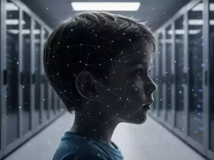 Silhouette eines Kinderkopfes mit digitalem Netzüberzug, Symbol für KI und Kindersicherheit, vor verschwommenem Rechenzentrum. - Foto: über boerse-global.de