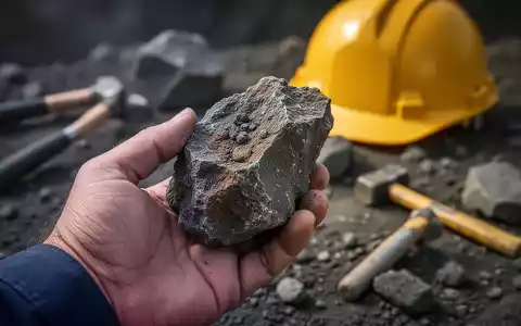 Nahaufnahme einer Hand, die einen Bohrkern aus einem Bergwerk hält, mit unscharfen geologischen Werkzeugen im Hintergrund. - Foto: über boerse-global.de