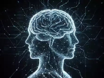 Eine futuristische, leuchtende digitale Silhouette eines menschlichen Kopfes, bestehend aus vernetzten Datenpunkten und Linien, vor dunklem Hintergrund. - Foto: ĂŒber boerse-global.de