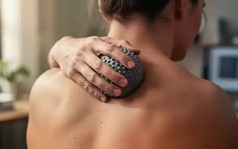 Eine Hand drückt einen Faszienball auf den oberen Rücken einer Person, um Verspannungen zu lösen. - Foto: über boerse-global.de