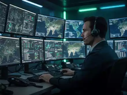 Ein Mitarbeiter einer Notrufleitstelle mit Headset vor mehreren Bildschirmen, die Daten und Karten anzeigen, in einem dunklen Raum. - Foto: über boerse-global.de