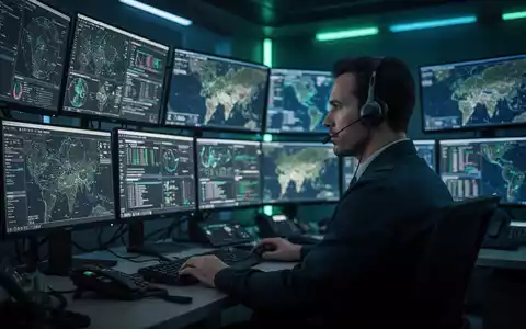 Ein Mitarbeiter einer Notrufleitstelle mit Headset vor mehreren Bildschirmen, die Daten und Karten anzeigen, in einem dunklen Raum. - Foto: über boerse-global.de