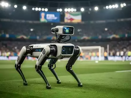 Boston Dynamics Spot Roboter patrouilliert in einem großen, modernen FIFA-WM-Stadion mit Fußballfeld und Zuschauern. - Foto: über boerse-global.de