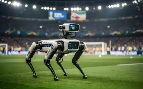 Boston Dynamics Spot Roboter patrouilliert in einem großen, modernen FIFA-WM-Stadion mit Fußballfeld und Zuschauern. - Foto: über boerse-global.de
