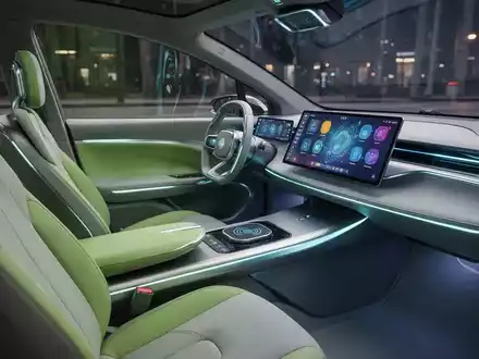 Futuristisches Robotaxi-Innenleben mit aloegrünen und steingrauen Sitzen, hellem Touchscreen und kabelloser Ladestation. - Foto: über boerse-global.de
