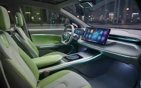Futuristisches Robotaxi-Innenleben mit aloegrünen und steingrauen Sitzen, hellem Touchscreen und kabelloser Ladestation. - Foto: über boerse-global.de
