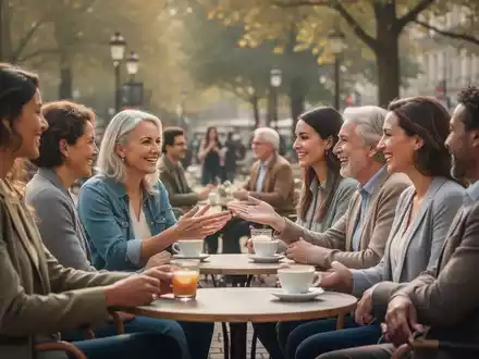 Eine Gruppe verschiedener Menschen, die in einem Café oder Park in leichte soziale Interaktionen verwickelt sind, was Mikrokontakte symbolisiert. - Foto: über boerse-global.de