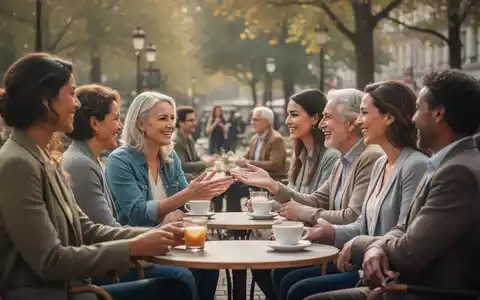 Eine Gruppe verschiedener Menschen, die in einem CafĂ© oder Park in leichte soziale Interaktionen verwickelt sind, was Mikrokontakte symbolisiert. - Foto: ĂŒber boerse-global.de
