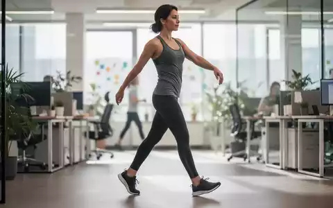 Eine Person in Sportkleidung, die sich in einem modernen Büro dehnt oder einen kurzen Spaziergang macht, symbolisiert Produktivität durch Bewegung. - Foto: über boerse-global.de