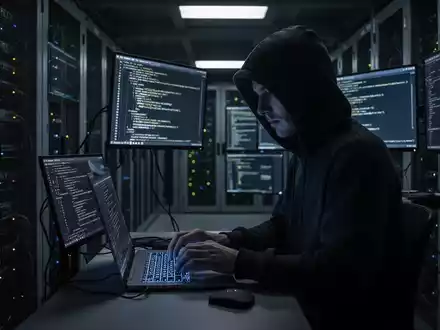 Person in Kapuzenjacke tippt in dunklem Serverraum auf Laptop, symbolisiert Cyberbedrohung. - Foto: über boerse-global.de