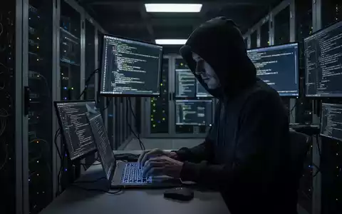 Person in Kapuzenjacke tippt in dunklem Serverraum auf Laptop, symbolisiert Cyberbedrohung. - Foto: über boerse-global.de