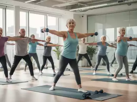 Senioren nehmen an einem Fitnesskurs teil, machen Gymnastikübungen und lachen. Fokus auf Bewegung und Wohlbefinden. - Foto: über boerse-global.de