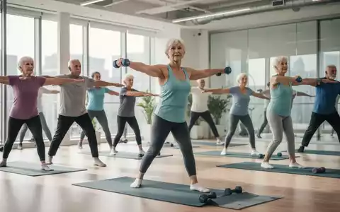 Senioren nehmen an einem Fitnesskurs teil, machen Gymnastikübungen und lachen. Fokus auf Bewegung und Wohlbefinden. - Foto: über boerse-global.de