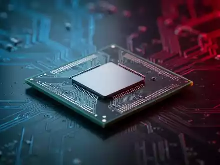 Nahaufnahme eines Computerprozessorchips mit komplexer Schaltkreisstruktur, der blaues und rotes Licht auf einer dunklen Oberfläche reflektiert. - Foto: über boerse-global.de