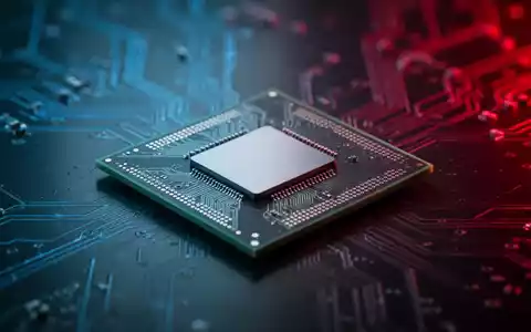 Nahaufnahme eines Computerprozessorchips mit komplexer Schaltkreisstruktur, der blaues und rotes Licht auf einer dunklen Oberfläche reflektiert. - Foto: über boerse-global.de