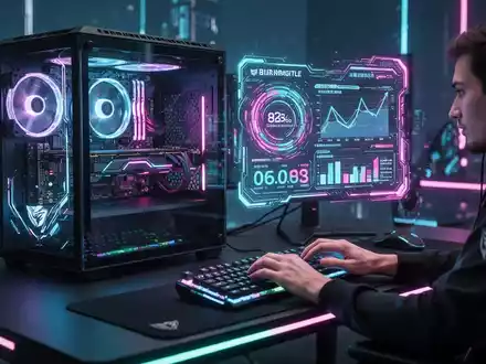 Nahaufnahme eines High-Tech-Gaming-PCs mit leuchtender Grafikkarte in transparentem Gehäuse auf einem Schreibtisch. - Foto: über boerse-global.de