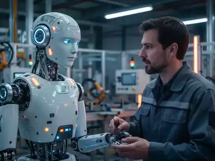 Ein humanoider Roboter und ein menschlicher Ingenieur arbeiten gemeinsam in einer Fabrikhalle, was fortschrittliche Robotersicherheitssysteme veranschaulicht. - Foto: über boerse-global.de