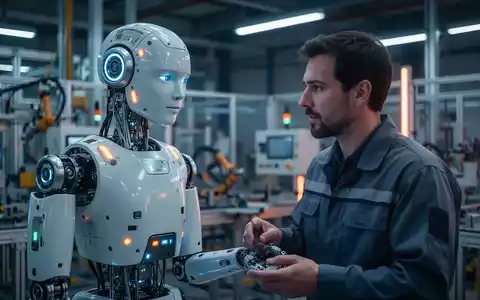 Ein humanoider Roboter und ein menschlicher Ingenieur arbeiten gemeinsam in einer Fabrikhalle, was fortschrittliche Robotersicherheitssysteme veranschaulicht. - Foto: über boerse-global.de