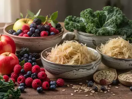 Eine Stillleben-Anordnung regionaler deutscher Lebensmittel wie Äpfel, Beeren, Grünkohl und Sauerkraut in rustikalen Schalen. - Foto: über boerse-global.de