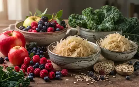 Eine Stillleben-Anordnung regionaler deutscher Lebensmittel wie Äpfel, Beeren, Grünkohl und Sauerkraut in rustikalen Schalen. - Foto: über boerse-global.de