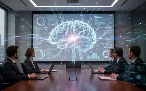 Abstrakte, leuchtende KI-Neuronale-Netzwerk-Visualisierung über einem Firmen-Präsentationsbildschirm mit digitalen Schnittstellen und Datenströmen. - Foto: über boerse-global.de