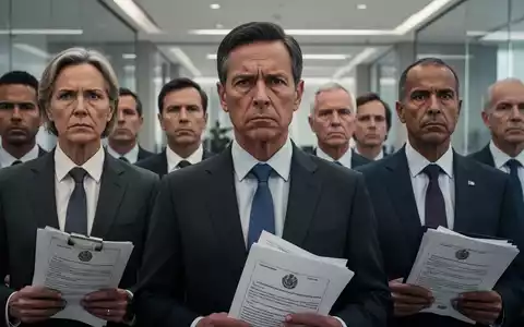 Eine Nahaufnahme einer Gruppe von Menschen in Geschäftskleidung, die ernst und entschlossen wirken und offizielle Dokumente halten. - Foto: über boerse-global.de