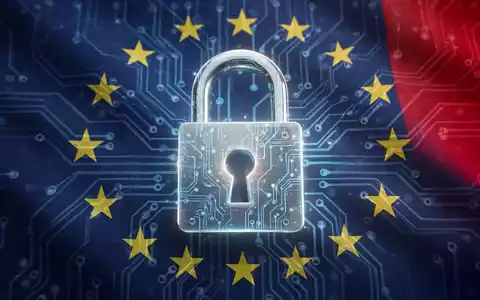 Ein stilisiertes, leuchtendes digitales Vorhängeschloss auf einer Leiterplatte, das digitale Sicherheit und Regulierung symbolisiert, mit EU-Farben im Hintergrund. - Foto: über boerse-global.de