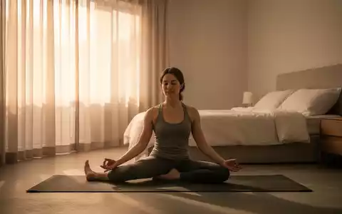 Eine ruhige Schlafzimmerszene mit einer Person, die auf einer Yogamatte meditiert, weiches Licht durch die Vorhänge fällt. - Foto: über boerse-global.de