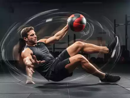Ein Athlet führt eine dynamische Rumpfübung mit einem Medizinball aus, Bewegung verschwommen. - Foto: über boerse-global.de