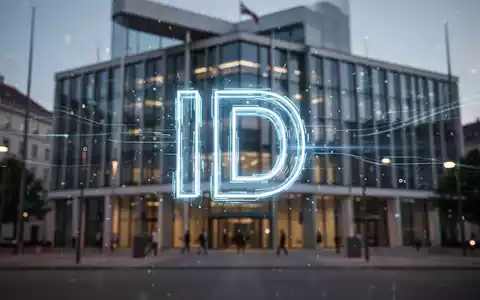 Stilisiertes, leuchtendes digitales ID-Symbol vor unscharfem Regierungsgebäude in Wien. - Foto: über boerse-global.de