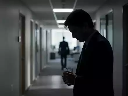 Eine unscharfe Büroumgebung mit der Silhouette einer Person, die ein Glas hält und nach unten blickt. Fokus auf die gedrückte Stimmung. - Foto: über boerse-global.de
