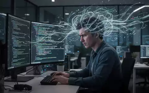 Ein gestresster Softwareentwickler sitzt vor einem Bildschirm mit KI-generiertem Code, umgeben von digitalen Linien, die psychische Belastung symbolisieren. - Foto: über boerse-global.de