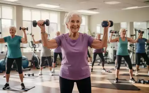 Eine ältere Frau trainiert in einer Gruppe, hebt Gewichte und lächelt, in einem hellen Fitnessraum. - Foto: über boerse-global.de
