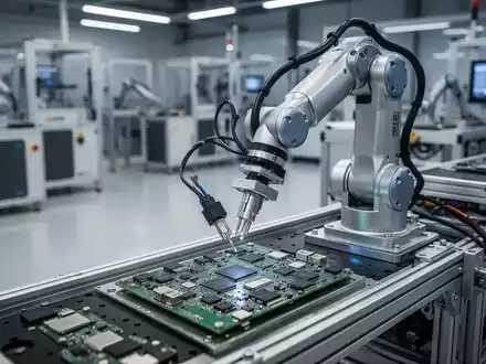 Nahaufnahme eines Roboterarms mit mehreren Gelenken, der präzise kleine Bauteile in einer modernen Fabrik montiert. - Foto: über boerse-global.de