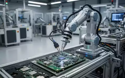 Nahaufnahme eines Roboterarms mit mehreren Gelenken, der präzise kleine Bauteile in einer modernen Fabrik montiert. - Foto: über boerse-global.de