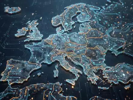 Abstraktes Bild mit vernetzten digitalen Schaltkreisen und Datenströmen, die eine kartenähnliche Umrisse Europas bilden, symbolisiert technologische Souveränität. - Foto: über boerse-global.de