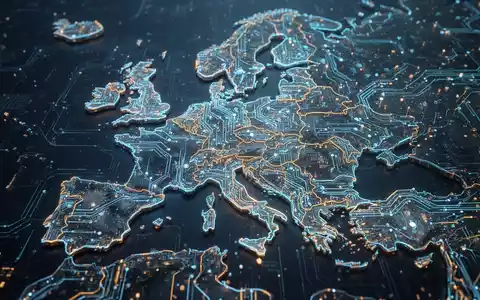 Abstraktes Bild mit vernetzten digitalen Schaltkreisen und Datenströmen, die eine kartenähnliche Umrisse Europas bilden, symbolisiert technologische Souveränität. - Foto: über boerse-global.de