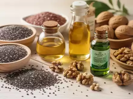 Nahaufnahme von verschiedenen veganen Omega-3-Quellen wie Chiasamen, Walnüssen, Leinöl und einer Flasche Algenöl auf Holz. - Foto: über boerse-global.de
